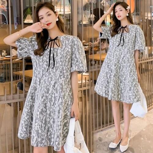 18378# Maternity Dress Summer Cotton Short Sleeves Loose Midi lace Dress Plus Size Pregnancy Dress Pregnant Women Mom Dress