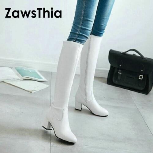 ZawsThia 2020 Fashion Zipper Knee High Boots Women Soft Pu Leather Thick High Heels Long Boots Autumn Winter Woman Shoes Size 44