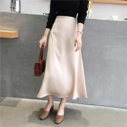 2021 Women Elegant OL Skirt Ladies Glossy Satin Skirt Plain Shiny Fashion Party Office Skirts Solid High Waist Skirts