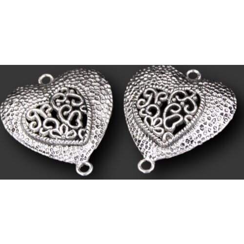 WKOUD 5pcs Antique Sliver Filigree Hammered Heart Connector Charms With Two Loops DIY Jewelry Findings Accessories 29x33mm