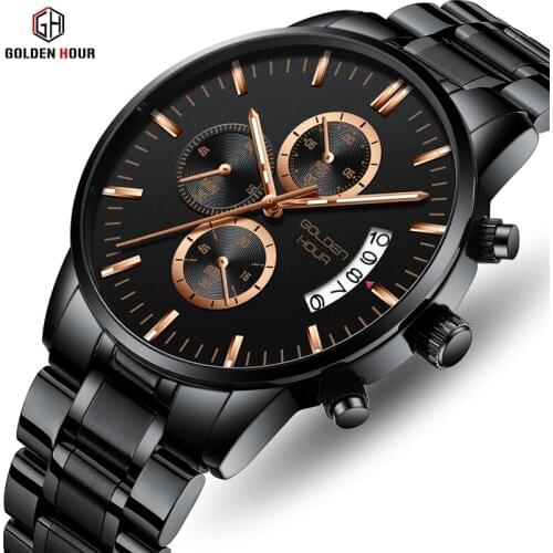 Top Brand Men Analog Quartz Watch GOLDENHOUR Mens Fashion Luxury Stainless Steel Sport Waterproof Wristwatches Relogio Masculino