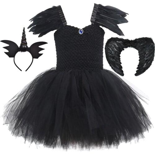 Black Witch Fallen Angel Costume for Kids Halloween Cosplay Unicorn Princess Dress Clothes Girls Tutu Dress with Wings Hairband