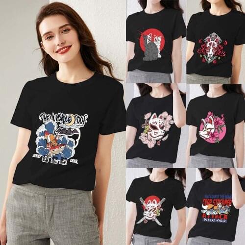 T-shirt Womens Summer Slim Tops Fashion Japanese Anime Fox Mask Harajuku Pattern Printing Series Casual Soft O-neck Ladies Tops