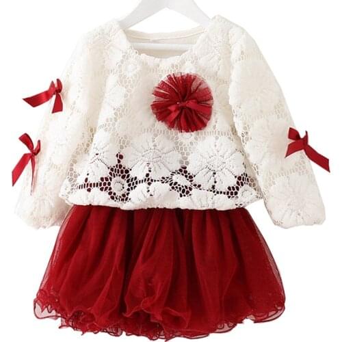 Winter Fall Baby Cotton Lace Girls Baby Knee-length 2PCS Set Bow Dress Long Sleeve Mesh Clothes for Children Kids 1 2 3 4 Years