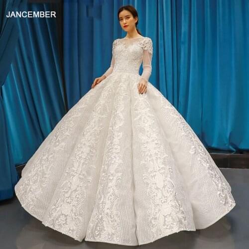 J66812 Jancember Swolllen Wedding Dresses 2021 Floor Length O-Neck Long Sleeves Ball Bridal Gown Appliques