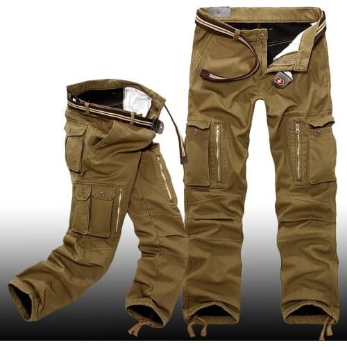 Winter Men Thick Warm Fleece Lining Loose Overalls Pants Outdoor Training Hiking Camping Zipper Pockets Cargo Military Trousers