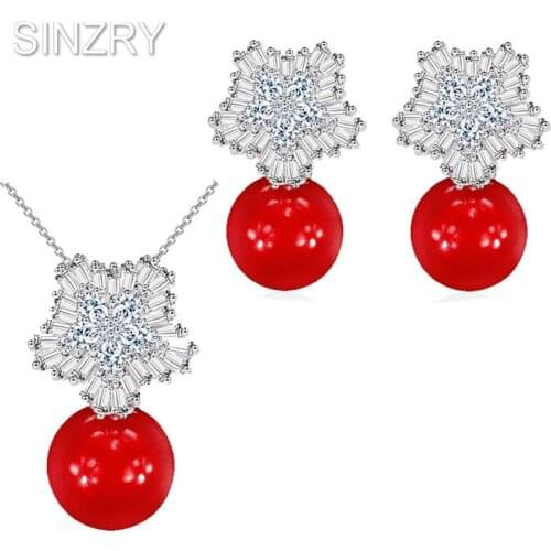 SINZRY Hot Classic brilliant white Cubic zircon snowflake immitation pearl choker necklace earring jewelry set wholesale