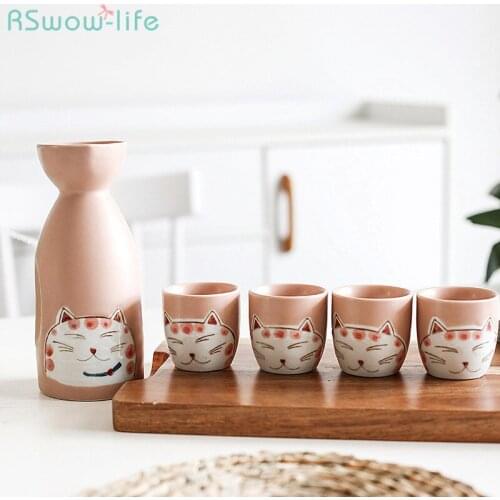 Japanese Style Pink Lucky Cat Cute Ceramic Liquor Set Four-Cup Gift Box For Household Use Wine Set Sake Cups Drinking Utensils