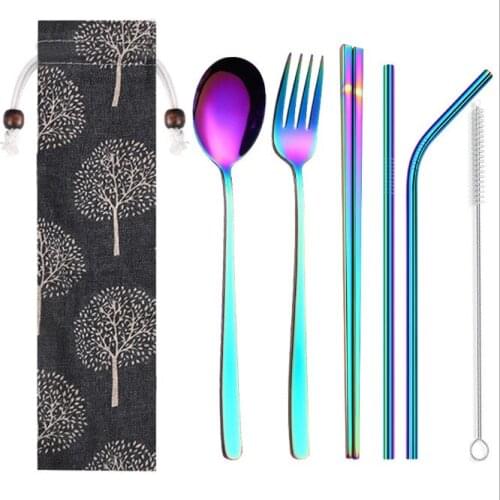 5-piece Japanese Stainless Steel Cutlery Set Spoon Fork Chopsticks Straw Cloth Packaging Tableware Portable Outdoor Travel BBQ