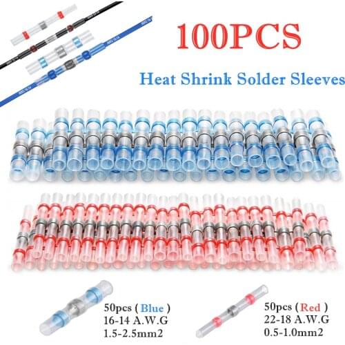 100PCS Waterproof Seal Heat Shrink Butt Terminals Solder Sleeve Electrical Wire Connectors Soldering Terminal Set AWG 22-14