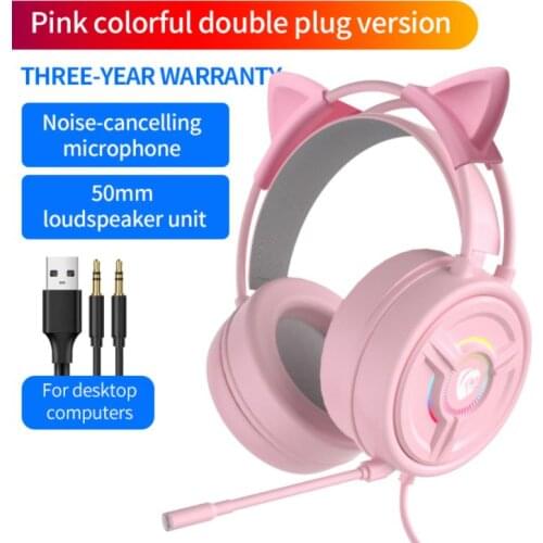 Cat Ear Headphones With Mic Ergonomic Gaming Headsets With Colorful Light 4D Stereo Sound Noise Reduction Wired Earphone