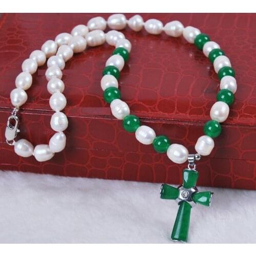 Genuine White Akoya Cultured Pearl/Green gem Cross pendant(25X35MM) necklace 18>Dongguan girl Store free shipping