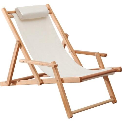Adjustable Sling Chair Natural Beech Wood Frame Portable Patio Wooden Beach Folding Adjustable Chair Outdoor Chaise Lounger