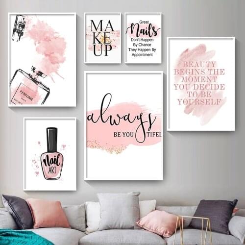 Pink Flower Perfume Nail Polish Fashion Poster Eyelash Makeup Canvas Wall Art Painting Manicure Store Beauty Salon Decor