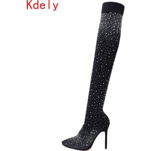 2020 New Arrival Bling Bling Crystal Over The Knee Slim Fit Long Boots Glittering Thin High Heel Thigh High Boots Dress Shoes