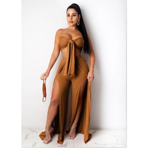 Sexy Two Piece Set Women Sleeveless 2 Layer Bandage Crop Top Vintage Wide Leg Pants Set Woman Suit Summer Party Outfits