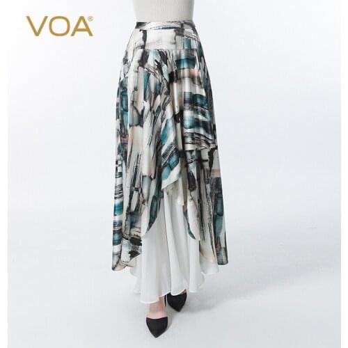 VOA Silk Printed Elastic Satin Double Invisible Side Lacrosse Stitching Elegant Irregular Design Skirt CE105 Casual Ankle-Length
