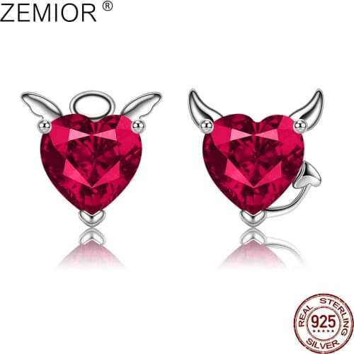 ZEMIOR Real 925 Sterling Silver Angel And Devil Asymmetry Earring Pink CZ Heart Stud Earrings For Women Silver 925 Jewelry Gift