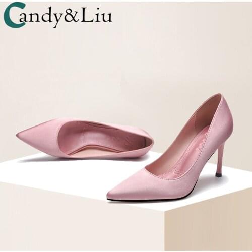 8cm High Heels Womens Spring 2021 New Satin Small Fresh Girls Naked Pink Pointed Thin Heel Shallow Shoes