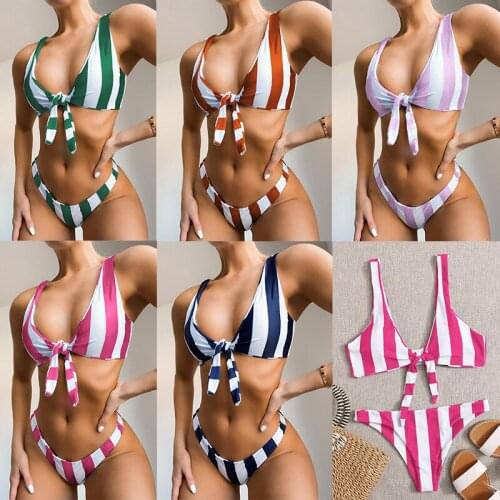 Stripe Swimsuit Women Bikini 2021 mujer Swimwear Low Waist Bikini Set Sport V-neck Tops Bathing Suit Women Beach Wear Biquinis