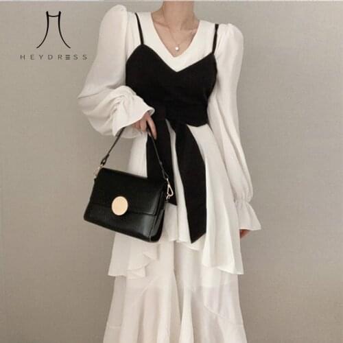 Heydress Summer Spring Korea Chic High Waist Casual Two Pieces Sets Wrapped Chest Harness Vest Long Sleeve Female Long Dress