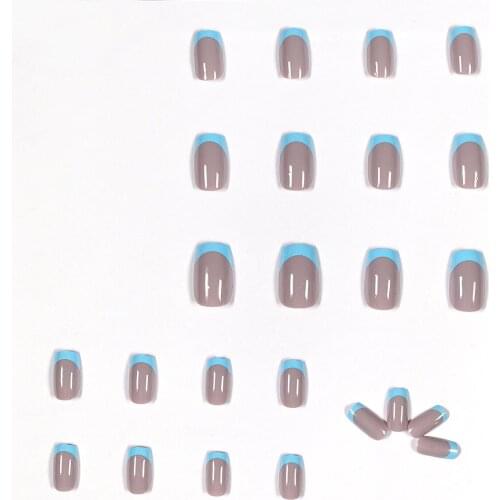 24pcs Blue Gray Nail Patch Glue Type Removable Long Paragraph Fashion Manicure Save Time False Nail Patch fake nail