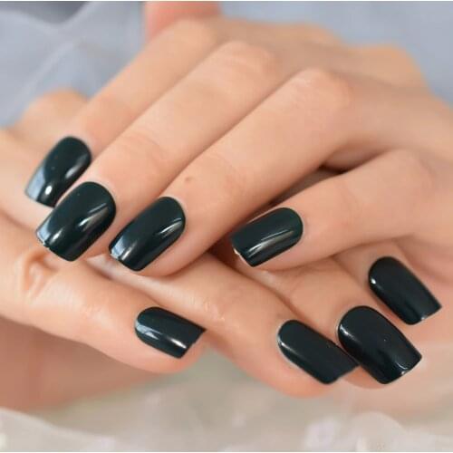 Short Square 24pcs Fake Nails Glossy Adhesive Full Cover Press On Nails Daily Dark Green Manicure Tool