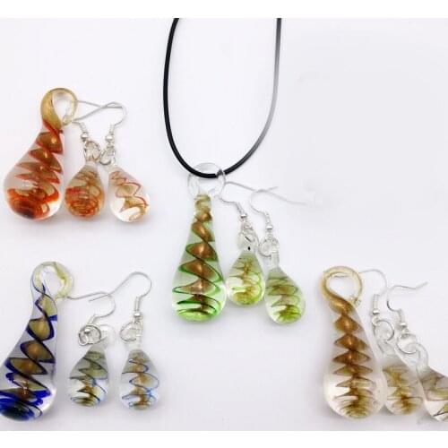 4 Sets Bohemian Mixed Color Water Drop Spiral Stripes Murano Lampwork Glass Pendant Necklace Earrings Jewelry Set For Women Gift