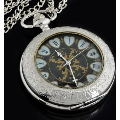 5pc/lot New 4.7cm Shiny Silver Arabic Black Dial Unisex Mechanical Skeleton Pocket Watch Necklace Chain PJX940