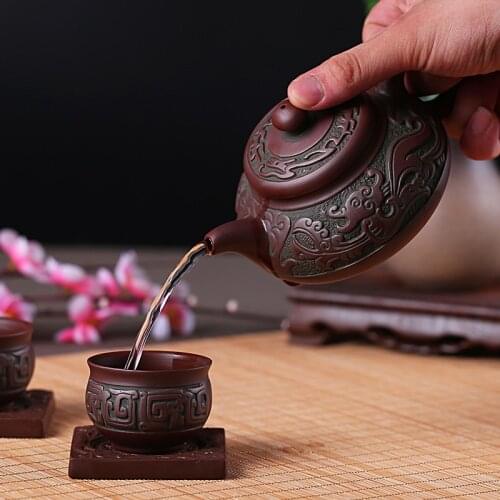 Yixing Purple Sand Tea Set Retro Bronze Flat Pot Ore Teapot Ceramic Large Teapot Kungfu Bubble Teapot Antique Dragon Tea Cup