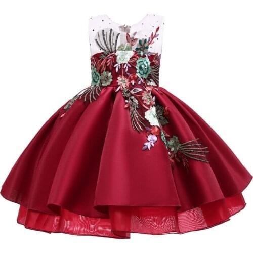 Kids dresses for girls Flower embroidery tutu Kids Clothing Elegent silk Flower Girls Dress for Children Princess Party Clothes