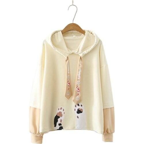 Womens Korean Style Cute Hem Cat Paw Print Hooded Streamer Thin Student Long Sleeve Harajuku Hoodies Sweatshirt 209485