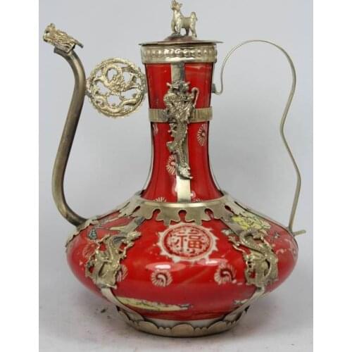 NICE CHINESE CHINESE OLD PORCELAIN HANDWORK DRAGON PHOENIX TEA POT 21171S TeaPot Garden Decoration Brass