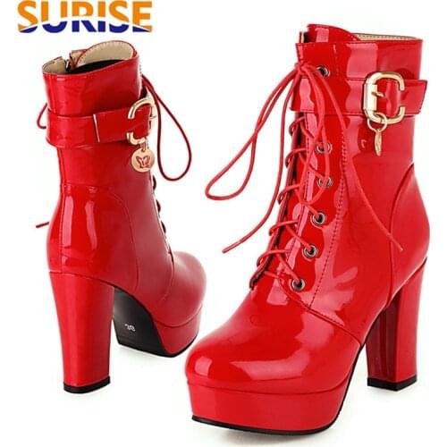 Red Patent Leather Women Platform Ankle Boots High Chunky Heels Winter Casual Office Ladies Round Toe Buckle Zipper Short Boots