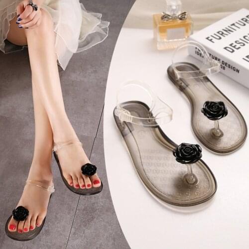 Summer transparent jelly sandals girls flowers flat flat with toe plastic plastic soft bottom holiday beach beach womens shoes