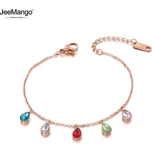 JeeMango Colorful Water Drop CZ Crystal Charm Bracelet Bangle For Women Stainless Steel Link Chain Bohemia Beach Jewelry JB19089