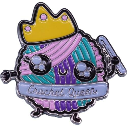 Cute crochet queen badge pastel yarn ball pin knitter flair gift