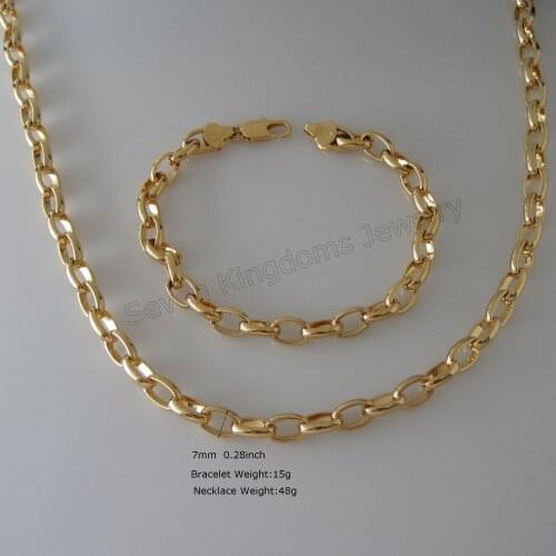 Min order is ONE PIECE - YELLOW GOLD GP 48g / 15g OVAL PLAIN CHAIN 24" NECKLACE & 8.3" BRACELET SET LENGTH CAN BE SHORT