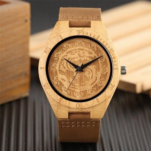 Carving Dragon Design Bamboo Wood Men Watch Quartz Genuine Leather Wristwatch Pin Buckle Male Wooden Clock Gifts