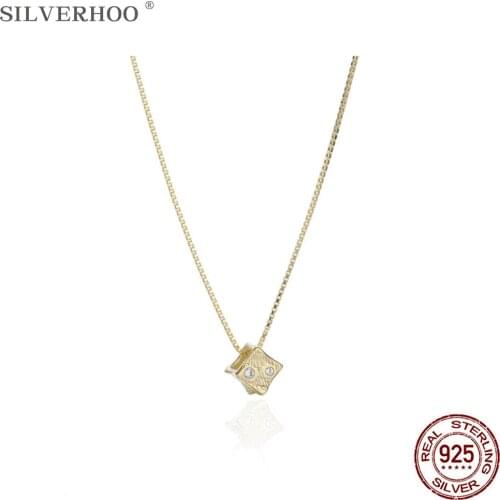 SILVERHOO Sterling Silver 925 Jewelry Hollow Geometry Square Pendant Necklaces For Women Trendy Gold Color Box Chain Necklace