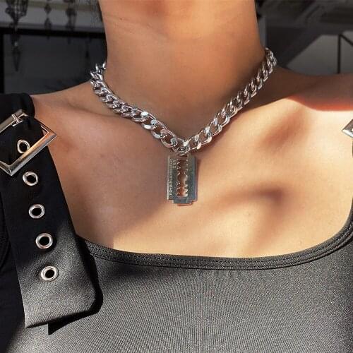 DIEZI Men Hip Hop Blade Pendant Necklaces Punk Silver Color Thick Chain Choker Necklaces Women ladies Statement Jewelry Fashion