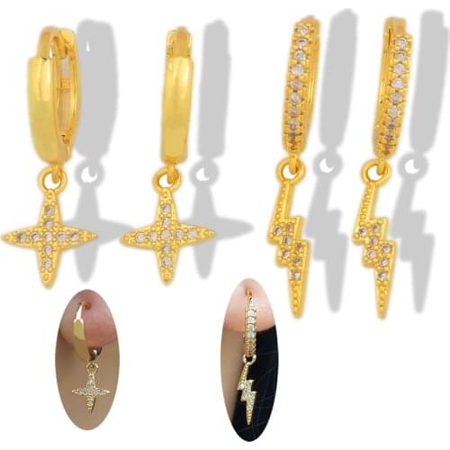 Plated Gold Lightning Star Earrings for Women Tiny Drop Earrings Cute CZ Zircon Cheap Huggie Earrings Fashion Jewelry Gift