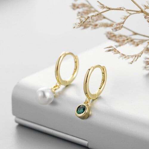 Minar Elegant Sparkly Green Cz Stone Simulation Pearl Dangle Earrings Asymmetric Geometric Circle Earrings Dainty Accessories