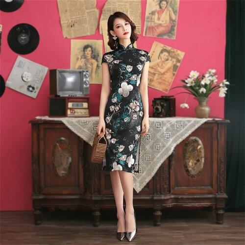 Sheng COCO Sexy Black Floral Chinese Dresses Party Cheongsam 2020 New Traditional Chinese Qipao Prom Gowns Women Retro Chipao