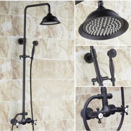 Bathroom 8.2 inch shower Head Oil Rubbed Bronze Wall Mounted RainFall Shower Faucet Set Double Cross Handles Mixer Tap ars492
