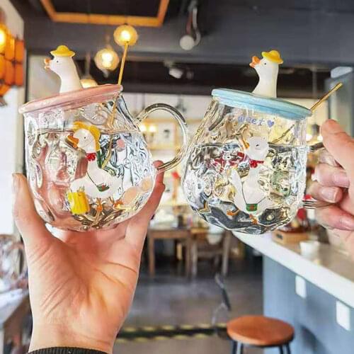 Cute Duck Glass Mugs Fancy Cartoon Tea Cup with Lid and Spoon Office Cute Animal Pattern Drinkware Milk Mug Girls Want for Gifts