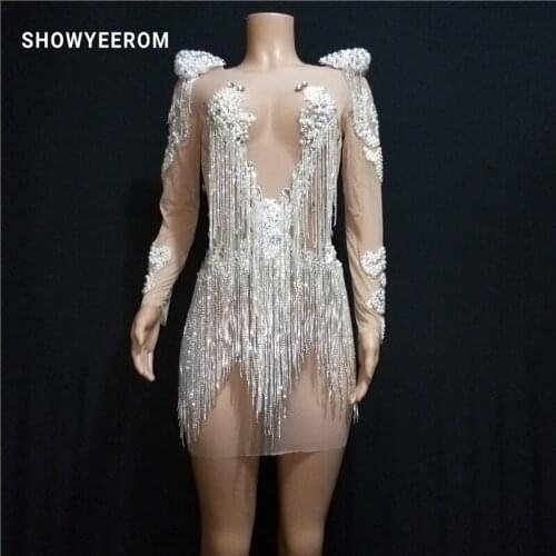 Pearl Rhinestones Fringes Dress Stage Wear Transparent elastic mesh Singer Evening Performance Tassel Evening dress short Dress