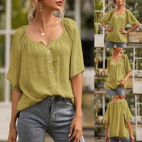 Womens New Button Square Collar Loose Short Sleeve Shirt Top Green