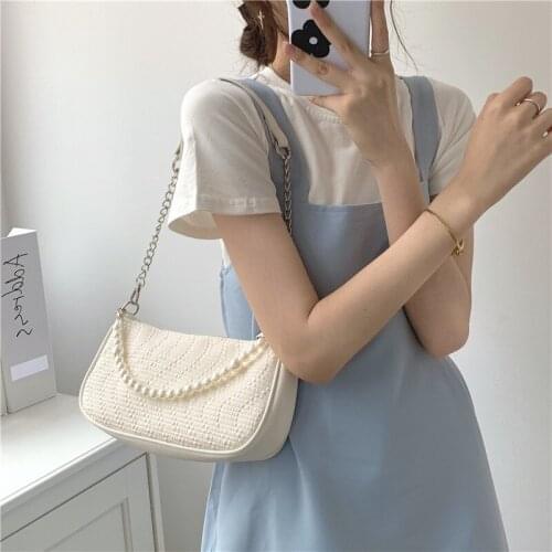 2021 New Summer Fold Underarm Female Retro Fashion Joker Pearl Chain Shoulder Baguette Bag