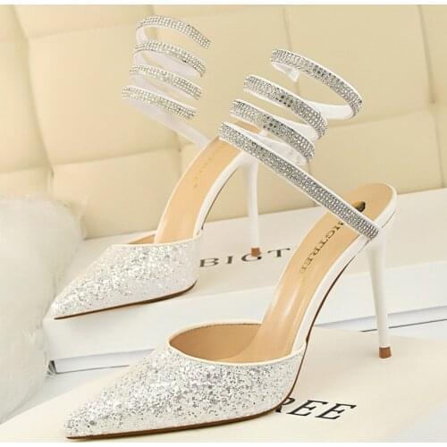 2021 Summer Luxury Women Designer 10cm High Heels Sandals Stiletto Heels Stripper Bling Sequin Sandals Lady White Wedding Shoes